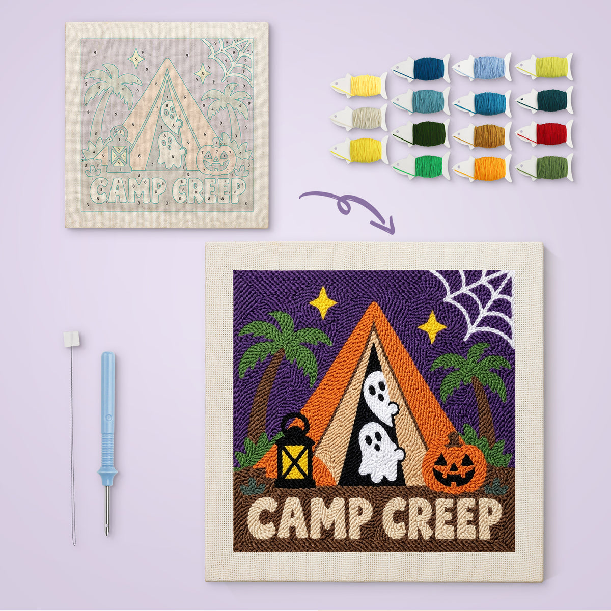 Camp Creep Tent canvas before and after punching, with the threads and tools