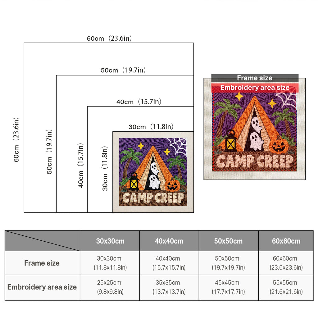 Size chart for square punch needle kits from 30 x 30 cm to 60 x 60 cm
