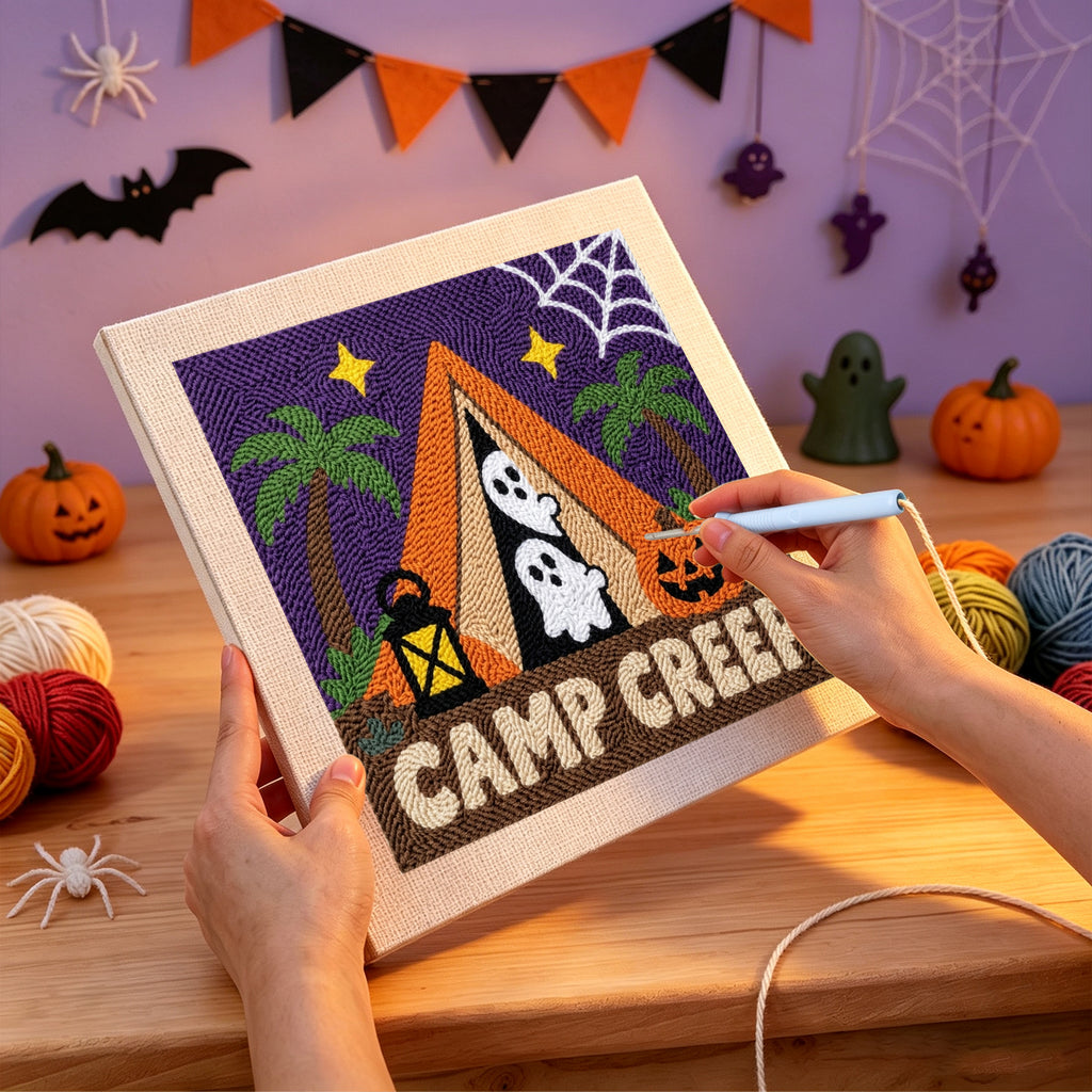 Punching the Camp Creep Tent design with the punch needle