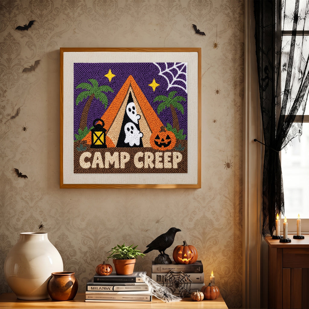 Finished Camp Creep Tent punch needle canvas on a wall