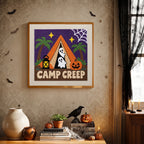 Finished Camp Creep Tent punch needle canvas on a wall