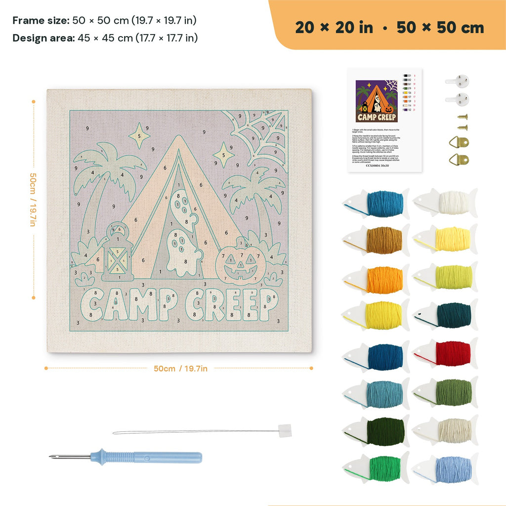 Camp Creep Tent punch needle kit, 20 × 20 in (50 × 50 cm): canvas size and kit contents