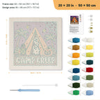 Camp Creep Tent punch needle kit, 20 × 20 in (50 × 50 cm): canvas size and kit contents
