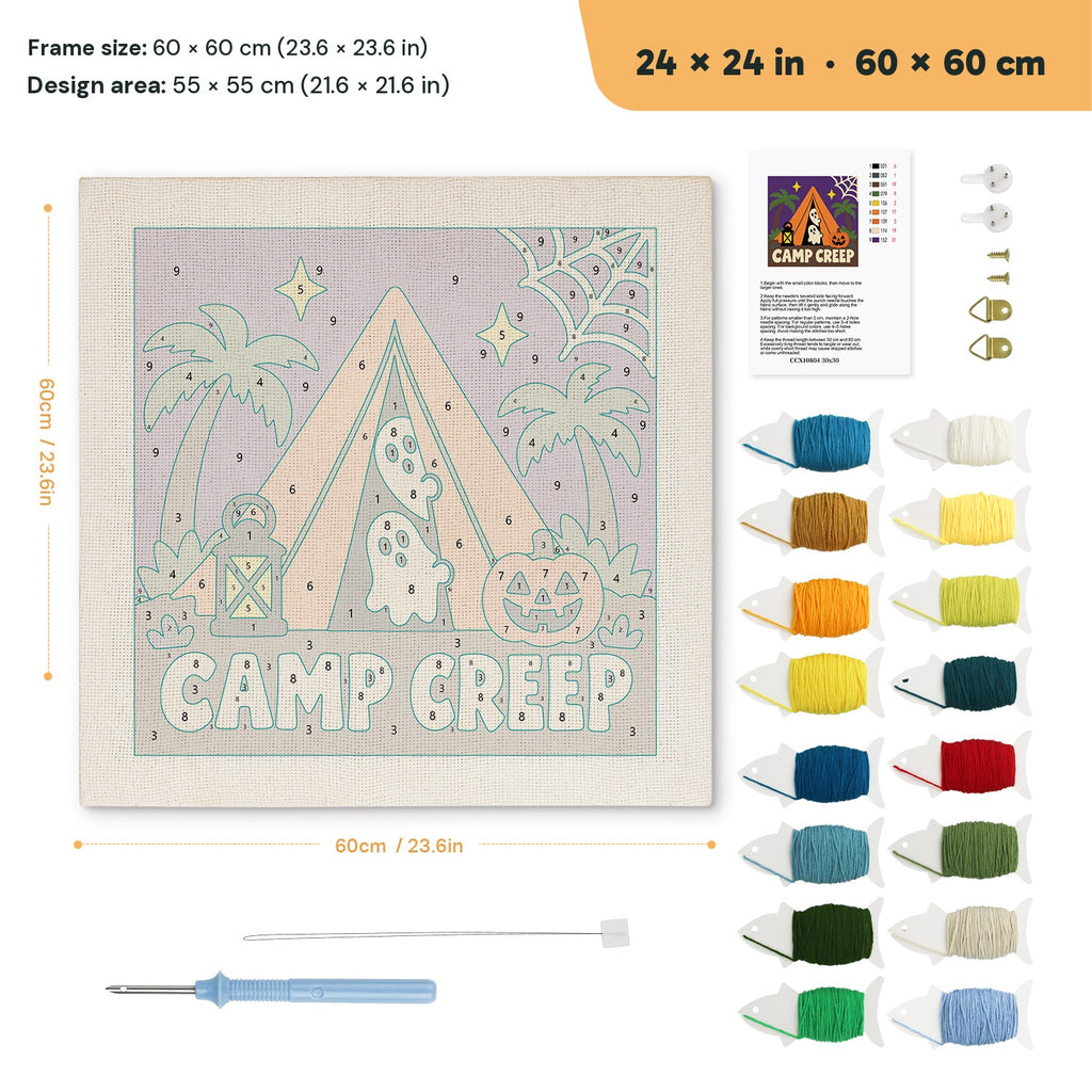Camp Creep Tent punch needle kit, 24 × 24 in (60 × 60 cm): canvas size and kit contents