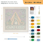 Camp Creep Tent punch needle kit, 24 × 24 in (60 × 60 cm): canvas size and kit contents