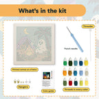 What is in the Campfire Ghost kit: printed canvas, punch needle, threader, threads, color guide and hangers