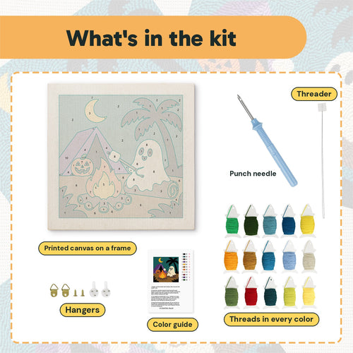 What is in the Campfire Ghost kit: printed canvas, punch needle, threader, threads, color guide and hangers