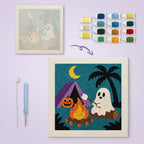 Campfire Ghost canvas before and after punching, with the threads and tools