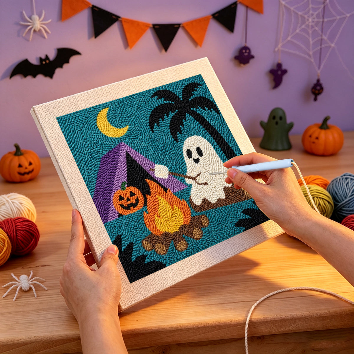 Punching the Campfire Ghost design with the punch needle