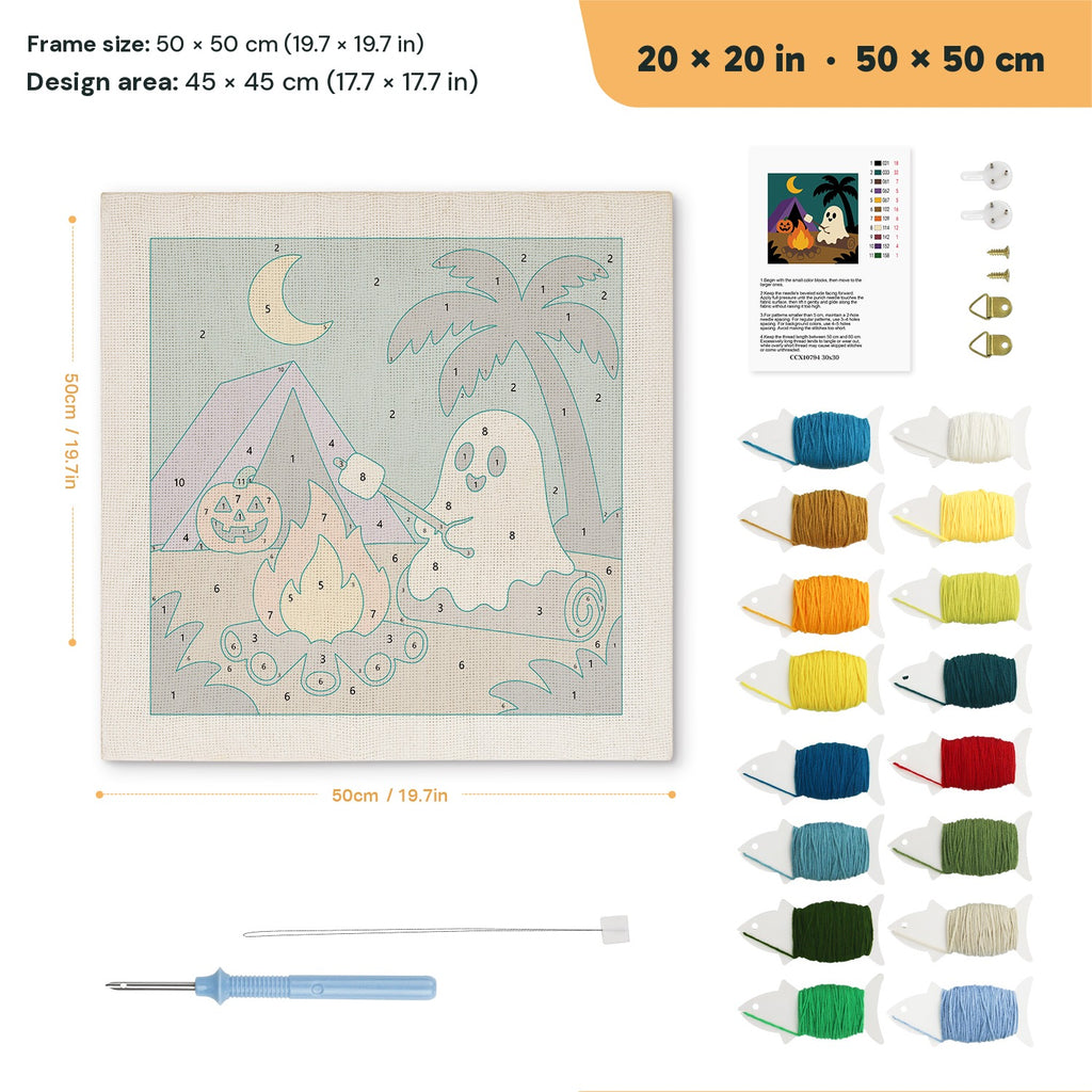 Campfire Ghost punch needle kit, 20 × 20 in (50 × 50 cm): canvas size and kit contents