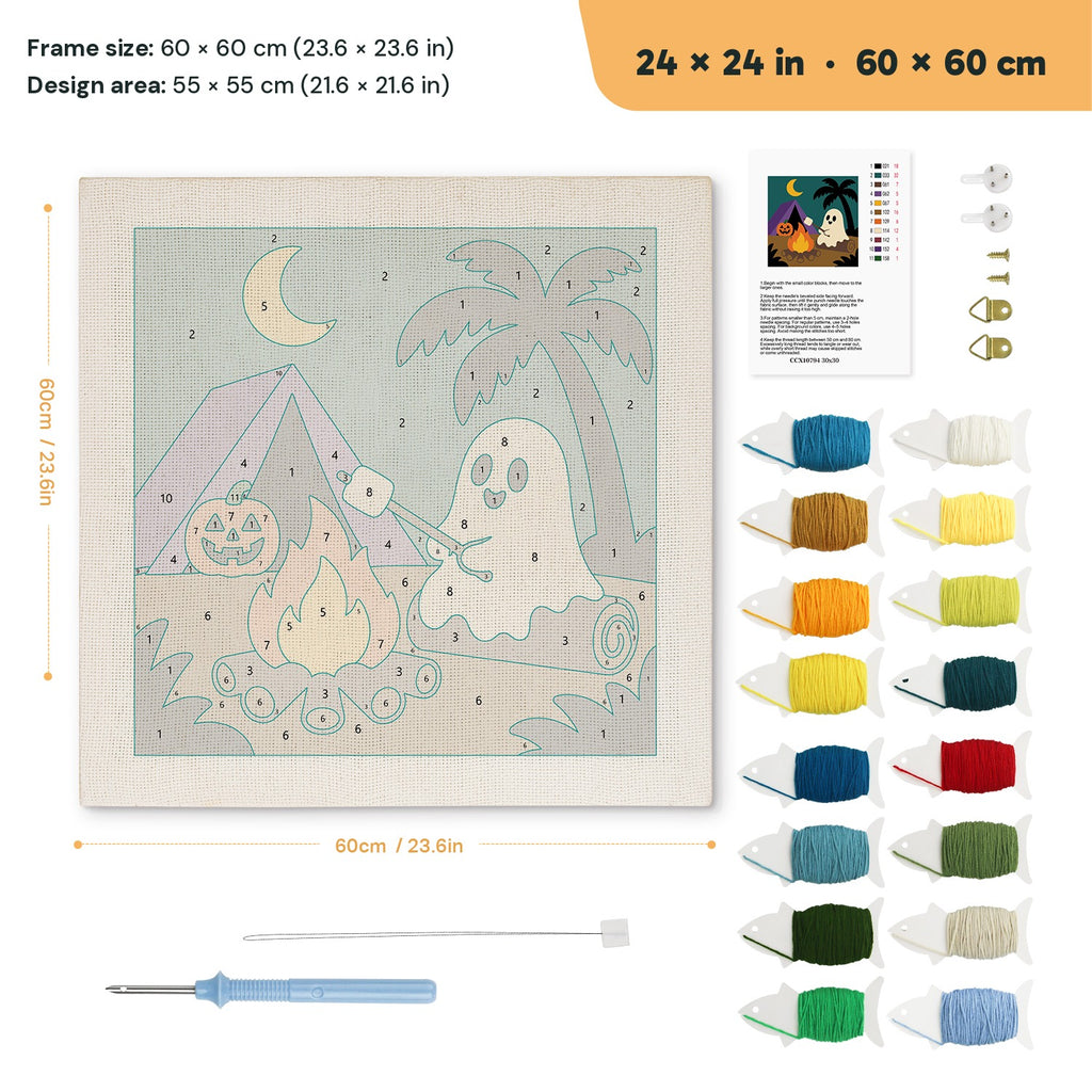 Campfire Ghost punch needle kit, 24 × 24 in (60 × 60 cm): canvas size and kit contents