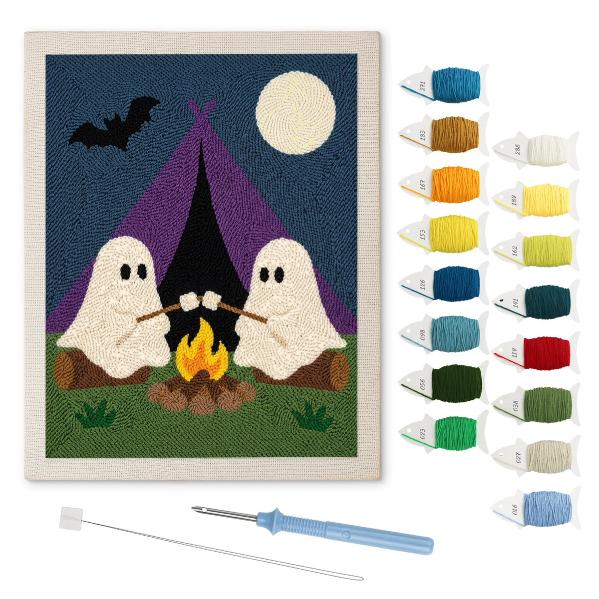 Camping Ghosts punch needle kit: finished canvas with threads, punch needle and threader