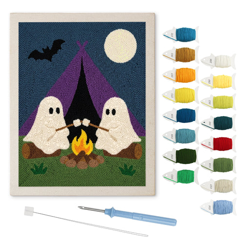Camping Ghosts punch needle kit: finished canvas with threads, punch needle and threader