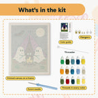 What is in the Camping Ghosts kit: printed canvas, punch needle, threader, threads, color guide and hangers