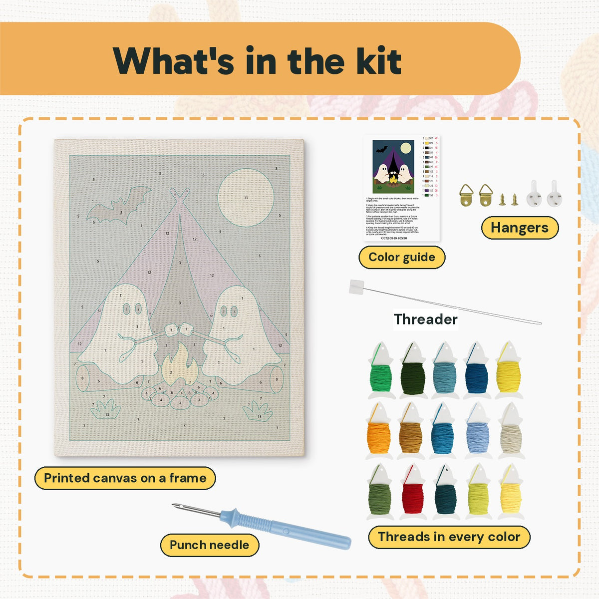 What is in the Camping Ghosts kit: printed canvas, punch needle, threader, threads, color guide and hangers