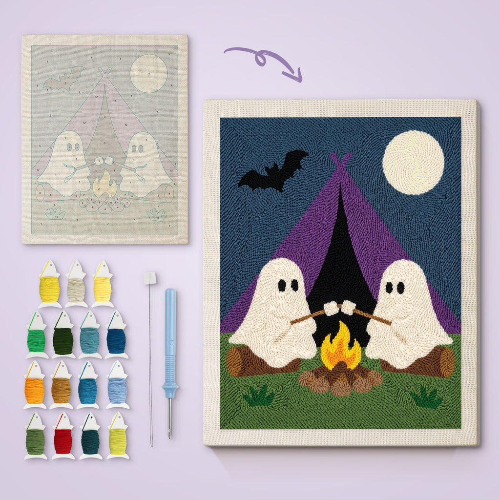Camping Ghosts canvas before and after punching, with the threads and tools