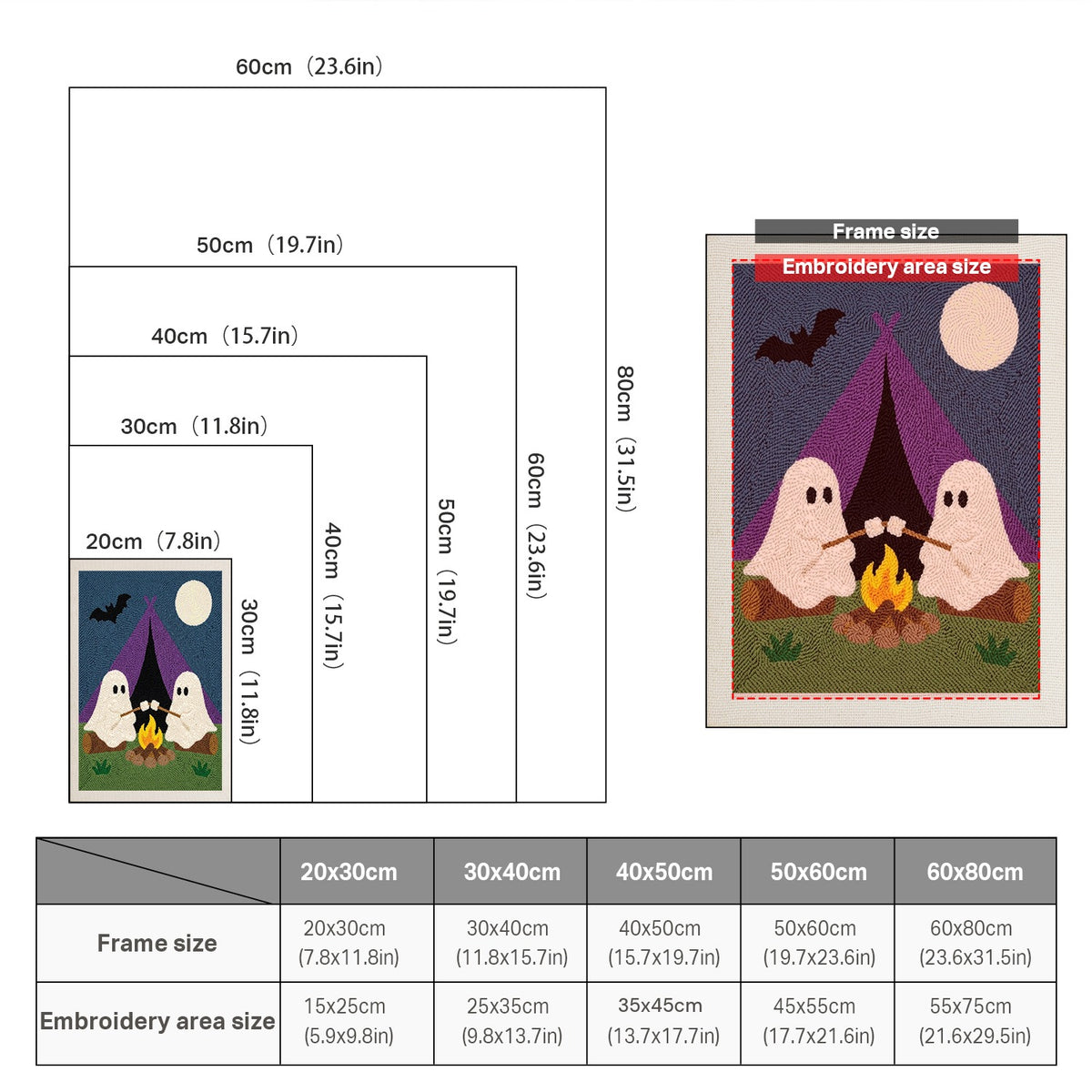 Size chart for punch needle kits from 20 x 30 cm to 60 x 80 cm