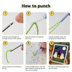 Six steps showing how to thread and use the punch needle