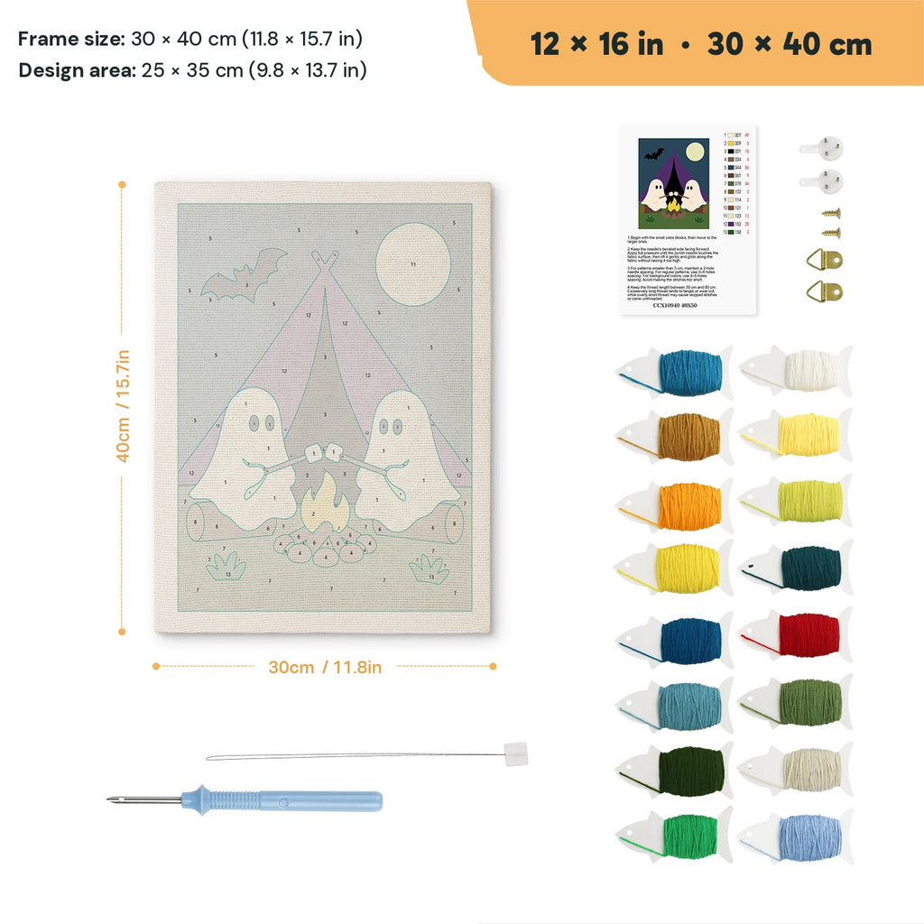 Camping Ghosts punch needle kit, 12 × 16 in (30 × 40 cm): canvas size and kit contents