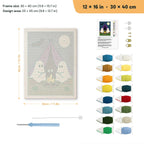 Camping Ghosts punch needle kit, 12 × 16 in (30 × 40 cm): canvas size and kit contents