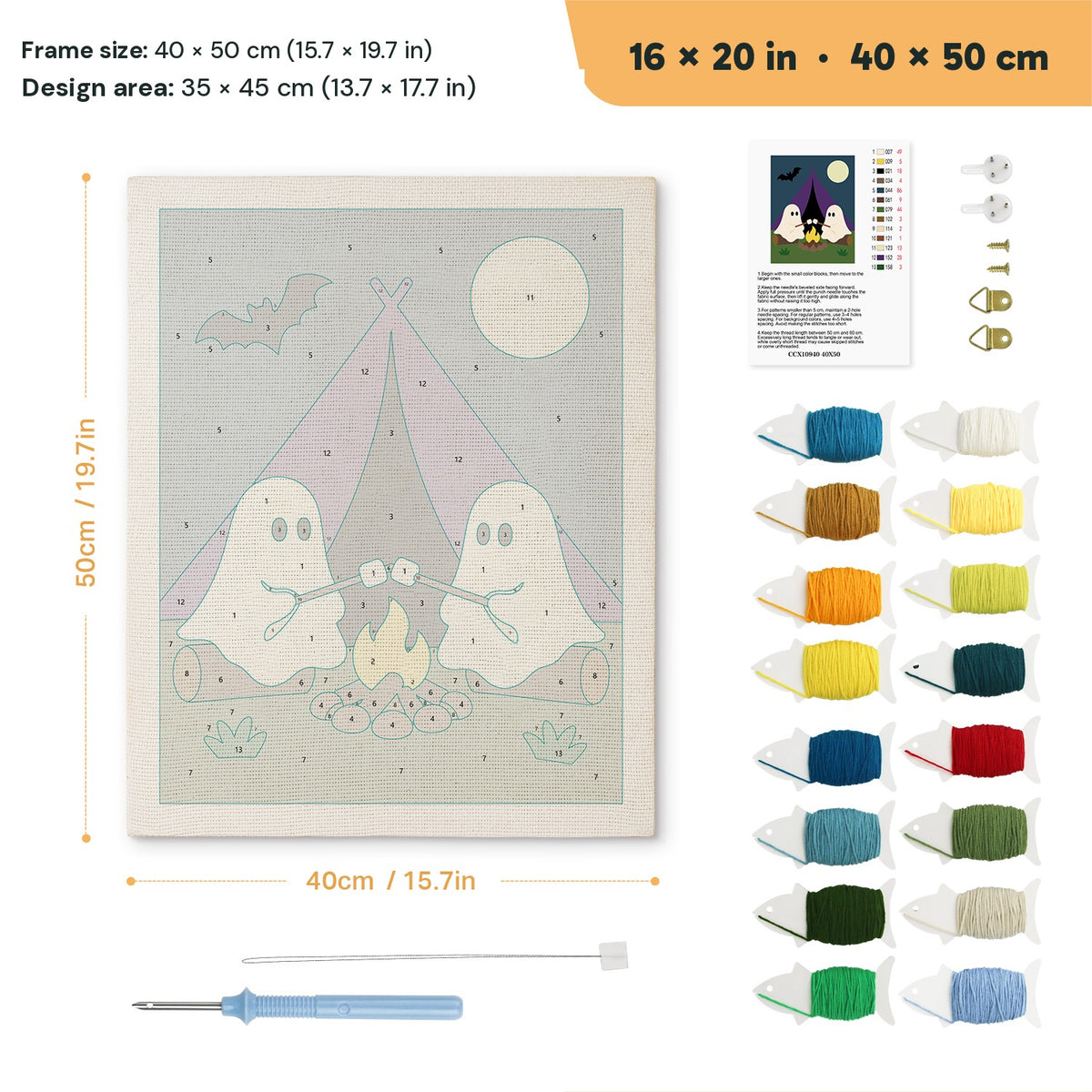 Camping Ghosts punch needle kit, 16 × 20 in (40 × 50 cm): canvas size and kit contents