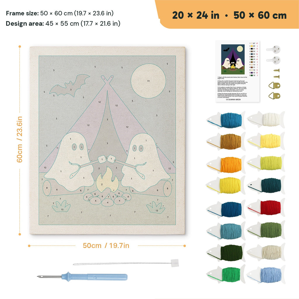 Camping Ghosts punch needle kit, 20 × 24 in (50 × 60 cm): canvas size and kit contents
