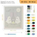Camping Ghosts punch needle kit, 20 × 24 in (50 × 60 cm): canvas size and kit contents