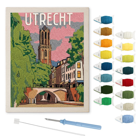 Canal Tower View punch needle kit: finished canvas with threads, punch needle and threader