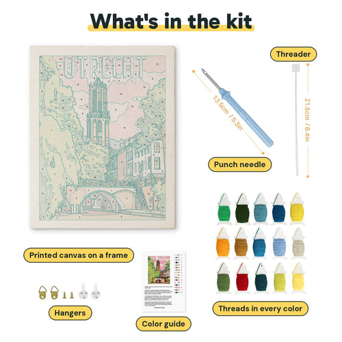 What is in the Canal Tower View kit: printed canvas, punch needle, threader, threads, color guide and hangers