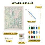 What is in the Canal Tower View kit: printed canvas, punch needle, threader, threads, color guide and hangers
