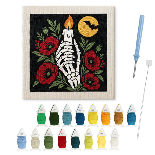 Candle in Bone Hand punch needle kit: finished canvas with threads, punch needle and threader