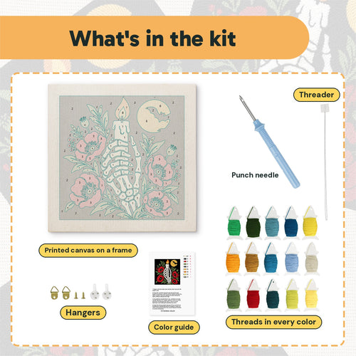 What is in the Candle in Bone Hand kit: printed canvas, punch needle, threader, threads, color guide and hangers
