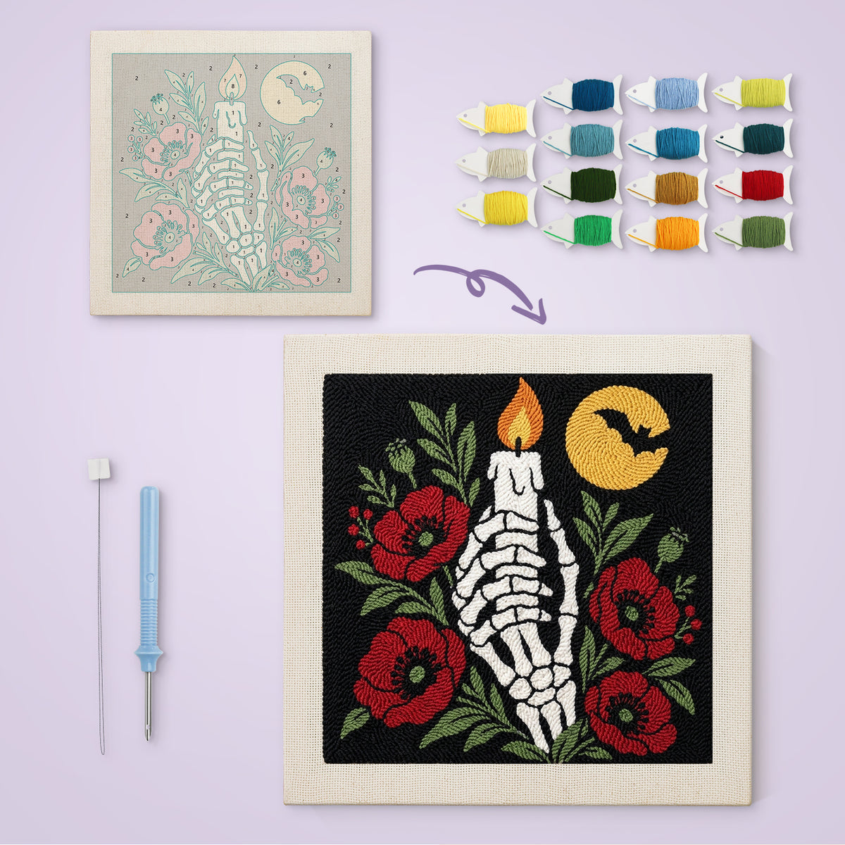 Candle in Bone Hand canvas before and after punching, with the threads and tools