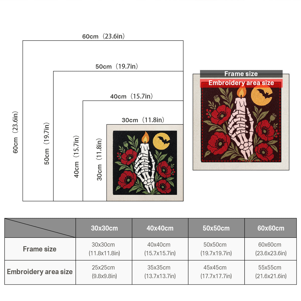 Size chart for square punch needle kits from 30 x 30 cm to 60 x 60 cm
