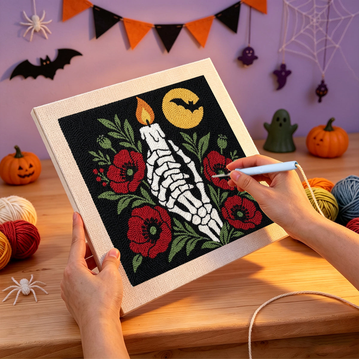 Punching the Candle in Bone Hand design with the punch needle