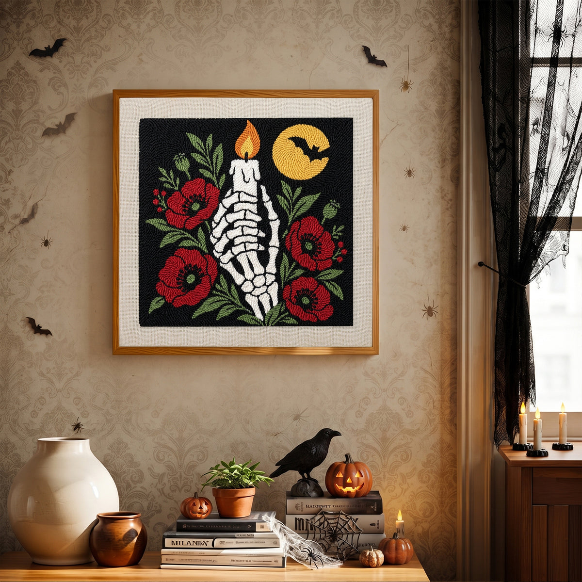 Finished Candle in Bone Hand punch needle canvas on a wall