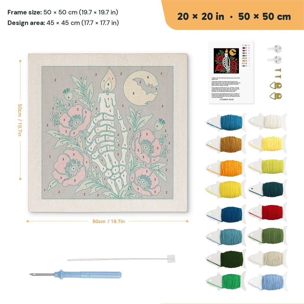 Candle in Bone Hand punch needle kit, 20 × 20 in (50 × 50 cm): canvas size and kit contents