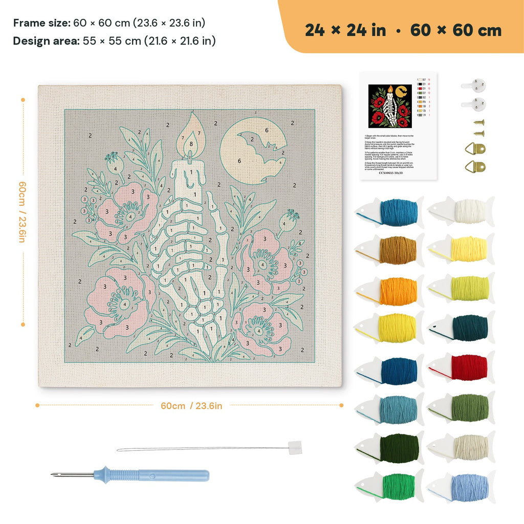 Candle in Bone Hand punch needle kit, 24 × 24 in (60 × 60 cm): canvas size and kit contents