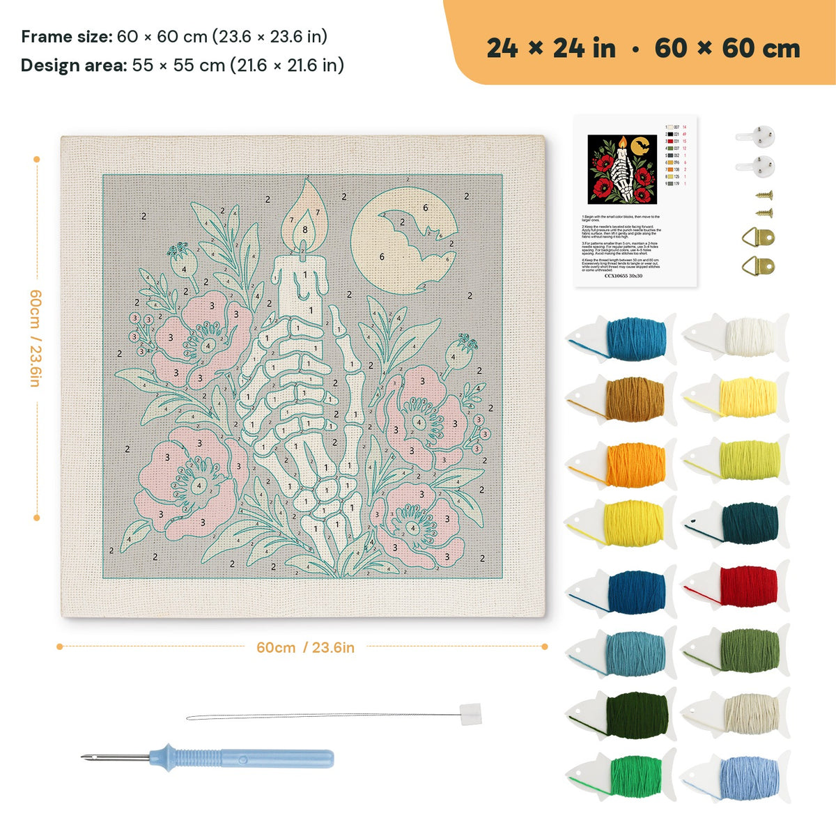 Candle in Bone Hand punch needle kit, 24 × 24 in (60 × 60 cm): canvas size and kit contents