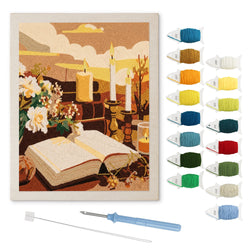 Candlelit Book punch needle kit: finished canvas with threads, punch needle and threader