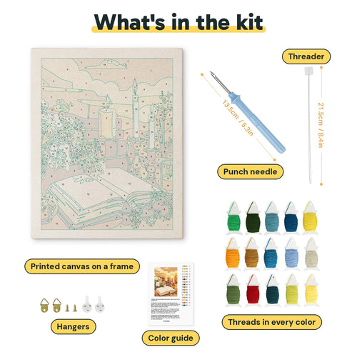 What is in the Candlelit Book kit: printed canvas, punch needle, threader, threads, color guide and hangers