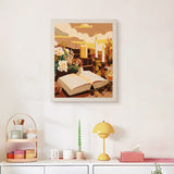 Finished Candlelit Book punch needle canvas on a wall