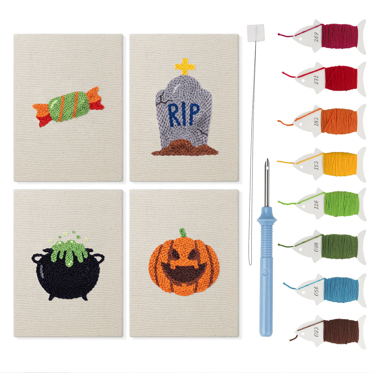 Candy and Cauldron mini punch needle kit set: four finished canvases with threads, punch needle and threader