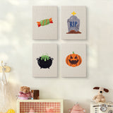 The four Candy and Cauldron mini canvases on a wall above a shelf