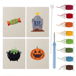 Candy and Cauldron mini punch needle kit set: four finished canvases with threads, punch needle and threader