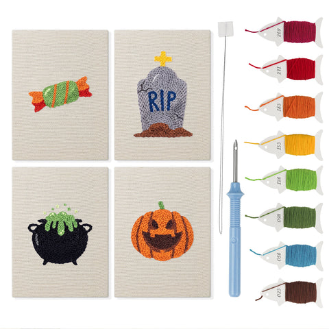 Candy and Cauldron mini punch needle kit set: four finished canvases with threads, punch needle and threader