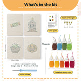 What is in the Candy and Cauldron set: 4 printed canvases, punch needle, threader, threads, color guide and 4 sets of hangers (6 × 8 in (15 × 20 cm) each)