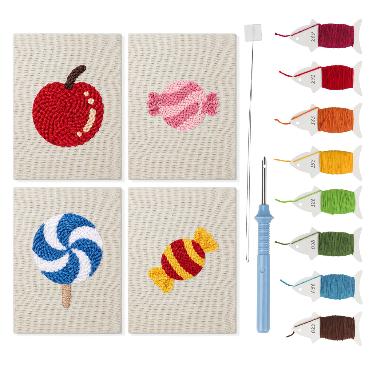 Candy Apple Treats mini punch needle kit set: four finished canvases with threads, punch needle and threader
