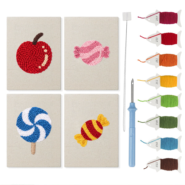 Candy Apple Treats mini punch needle kit set: four finished canvases with threads, punch needle and threader
