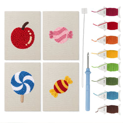 Candy Apple Treats mini punch needle kit set: four finished canvases with threads, punch needle and threader